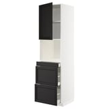 A sleek, white kitchen cabinet with black stained wood drawers and door, featuring beveled edges and smooth-running drawers.