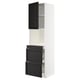 A sleek, white kitchen cabinet with black stained wood drawers and door, featuring beveled edges and smooth-running drawers.