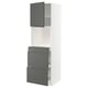 Modern white kitchen unit with gray drawers and a single gray cabinet door.