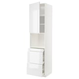 Modern white METOD kitchen cabinet, glossy finish, has two open doors, three drawers, and a single shelf.