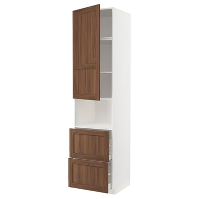 METOD kitchen unit in walnut. Tall, white cabinet with pull-out drawers and adjustable shelves. Classic, sturdy design.