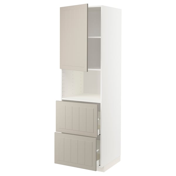 Beige METOD kitchen cabinet with drawers and one open door, white background.