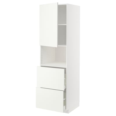 A white METOD kitchen cabinet. It a high cabinet with a door, multiple shelves, and drawers. This modular unit offers versatile storage options.