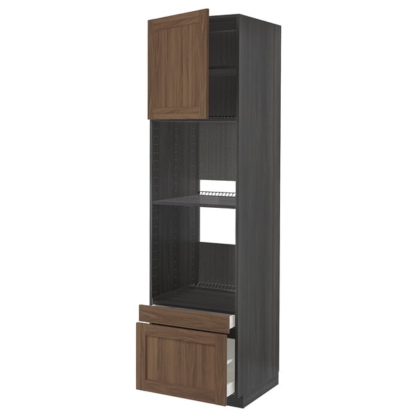 METOD kitchen unit: dark grey and walnut-toned wooden drawers and cabinet, tall with shelves.