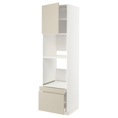 White ikea METOD kitchen unit with beige drawers and adjustable shelves.