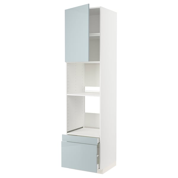 METOD kitchen storage. White with gray-blue glossy drawers and shelves. Tall, rectangular shape with smooth edges. Modern, clean design.