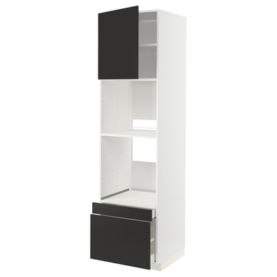METOD kitchen unit with black nickeby fronts. Tall, white frame with adjustable shelf, pull-out drawer, and open top and bottom sections.
