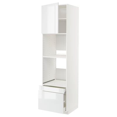 White high gloss METOD kitchen unit with shelves and drawers.