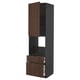 METOD kitchen unit in dark brown sinarp with oak veneer and solid wood edging, featuring open shelves, drawers with dampers, and adjustable shelves.