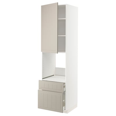 METOD kitchen unit in beige. Tall with open top, drawers below. Made of wood and steel, modern design.