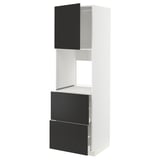 Modern tall kitchen cabinet with black drawer and door, white frame, adjustable shelf, and smooth-closing drawers.