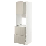 METOD kitchen storage unit in beige. Drawers and shelves, all-white with beige handles. Tall and rectangular with a modern crafted design.