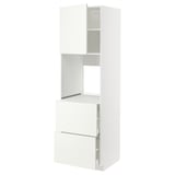 White METOD kitchen cabinet, modern design, three sections, two drawers, one ventilated shelf.