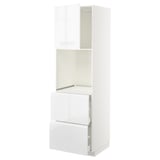 Modern white high gloss kitchen unit with drawer and ventilated shelf, minimalistic design.