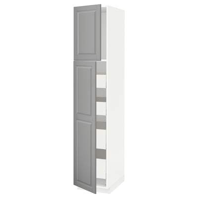 A white and grey tall cabinet from the METOD kitchen system. It has grey bevelled doors and adjustable shelves, giving a warm, traditional look.