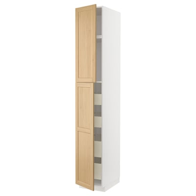 A white METOD kitchen cabinet with a light wooden door, two shelves, and a drawer.