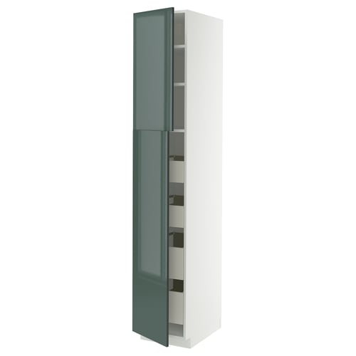 Modern tall kitchen cabinet with high-gloss greenish gray doors and multiple shelves.