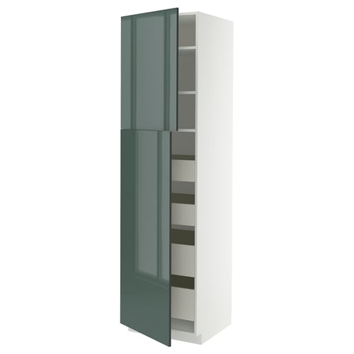 Ikea METOD kitchen cabinet, grey-green, glossy, tall, open, rectangular.