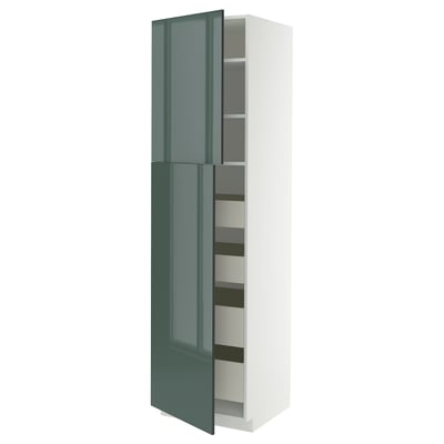 Ikea METOD kitchen cabinet, grey-green, glossy, tall, open, rectangular.