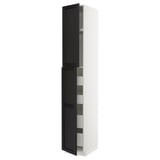 Modern tall white cabinet with two black stained wooden doors featuring beveled edges and smooth-running drawers in between.