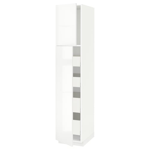 Modern high gloss white kitchen cabinet from METOD system, rectangular with sleek, smooth design, featuring multiple shelves and spacious interior.