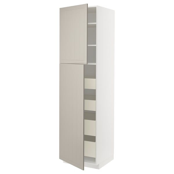 Ikea METOD kitchen cabinet in beige with two doors and multiple drawers.