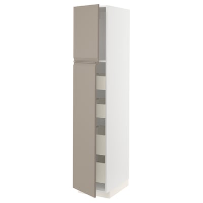 Modern grey-beige kitchen cabinet by ikea, tall, sleek design, multiple shelves, full-extension drawers.