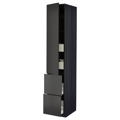 Modern black kitchen cabinet with one open drawer and door; sleek, tall, grey, storage unit.