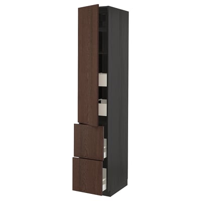 Dark brown wooden cabinet with open drawers and shelves.