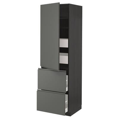 Modern grey kitchen cabinet with three drawers and two shelves. Tall and slim design with sleek, integrated handles.