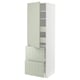 White and green METOD kitchen unit with drawers and shelves.