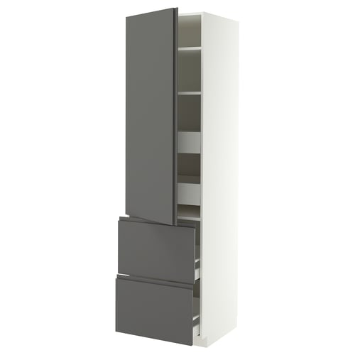 METOD / MAXIMERA Hi cab w shlvs/4 drawers/dr/2 frnts, white/VOXTORP dark grey vertical handle, 60x60x220 cm