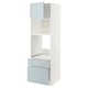 White ikea METOD kitchen unit with blue-grey drawers and cabinets, glossy finish.
