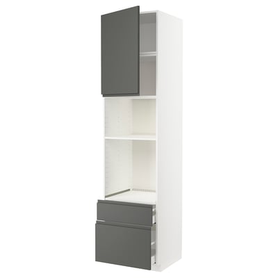 A modern ikea METOD kitchen cabinet, white with grey. Three shelves, two drawers, and open compartments.