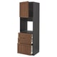 METOD kitchen unit with walnut finish. Tall, dark, wood-inspired storage featuring three open drawers and one closed cabinet.