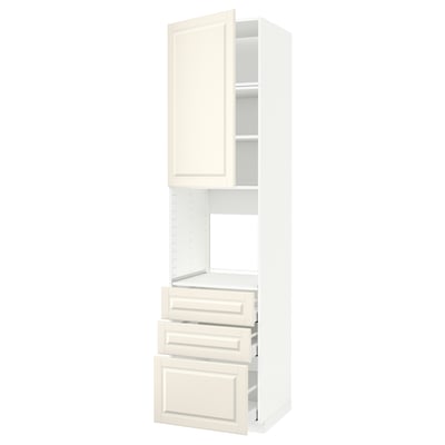 White kitchen cabinet set with off-white finish and beveled edges.
