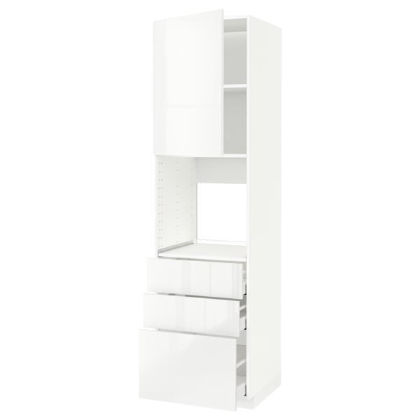 METOD white high gloss kitchen unit, tall with drawers and shelves.