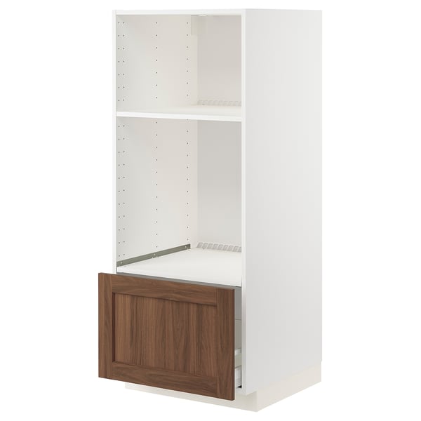 METOD cabinet in white with walnut drawer, adjustable shelves.