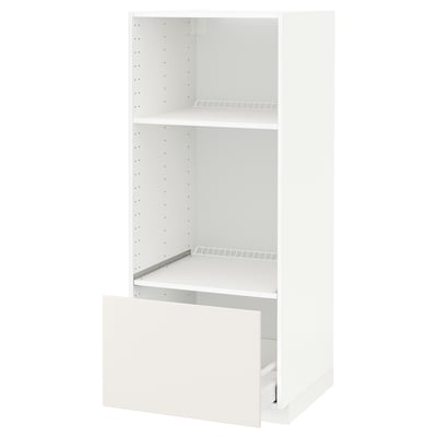 A white METOD kitchen cabinet with a single shelf and a pull-out drawer. It clean, modern lines and a minimalist design for efficient storage.