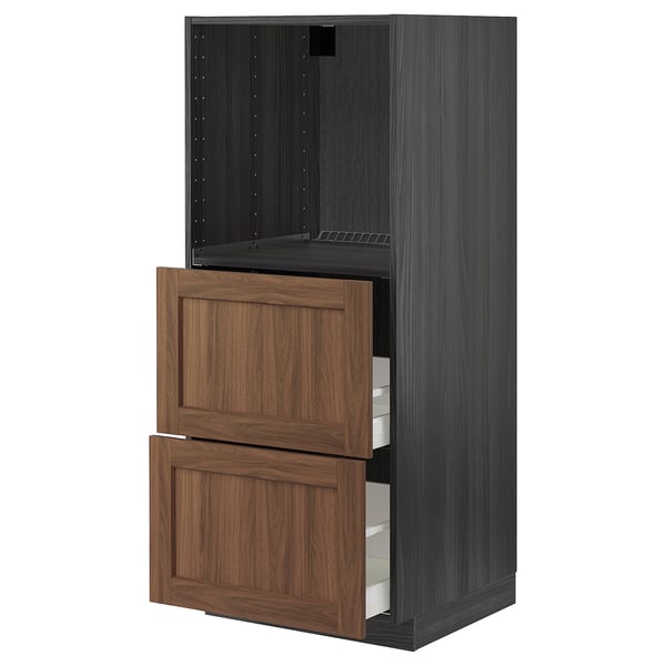An ikea METOD kitchen unit with walnut-colored wooden drawers and a grey cabinet. It adjustable shelves and smooth-closing drawers.