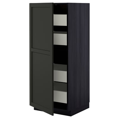 Black METOD kitchen cabinet with grayish wood grain, open showing drawers.
