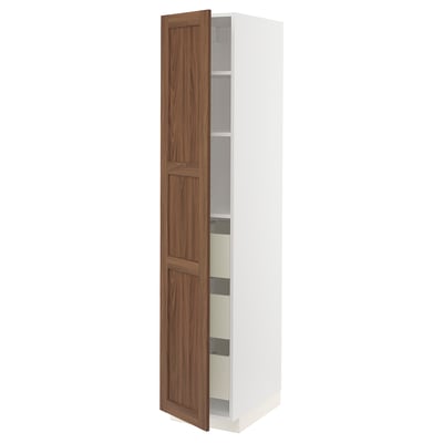 White METOD cabinet with walnut door, tall, adjustable shelf, soft-close drawer.