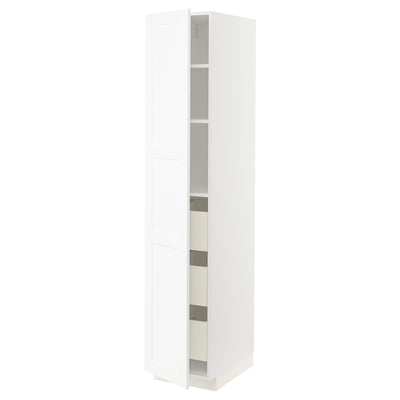 White METOD kitchen cabinet with multiple shelves and drawer.