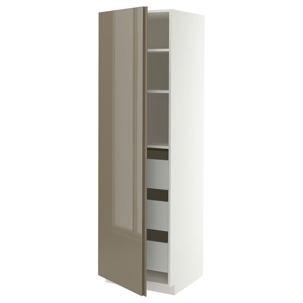 METOD / MAXIMERA High cabinet with drawers, white/VOXTORP high-gloss dark grey-brown vertical, 60x60x200 cm