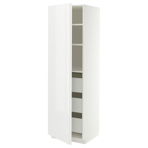 METOD / MAXIMERA High cabinet with drawers, white/VOXTORP high-gloss white vertical handle, 60x60x200 cm