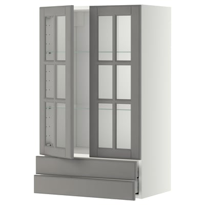 Modern grey glass kitchen cabinet with drawers and adjustable shelves.