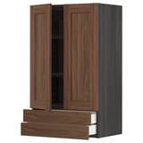 Wooden kitchen cabinet, brown with 2 drawers, 2 large doors, slight grain texture.