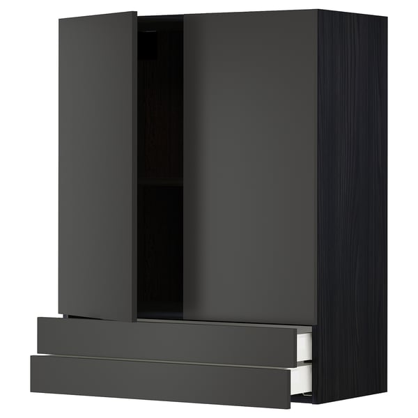 Dark gray wall-mounted kitchen cabinet with two drawers and open door revealing inner shelf, modern minimalist design.