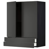Dark gray wall-mounted kitchen cabinet with two drawers and open door revealing inner shelf, modern minimalist design.