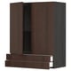 Dark brown kitchen cabinet with two doors, two drawers, and shelf. Modern design with solid wood edges and metal handles.